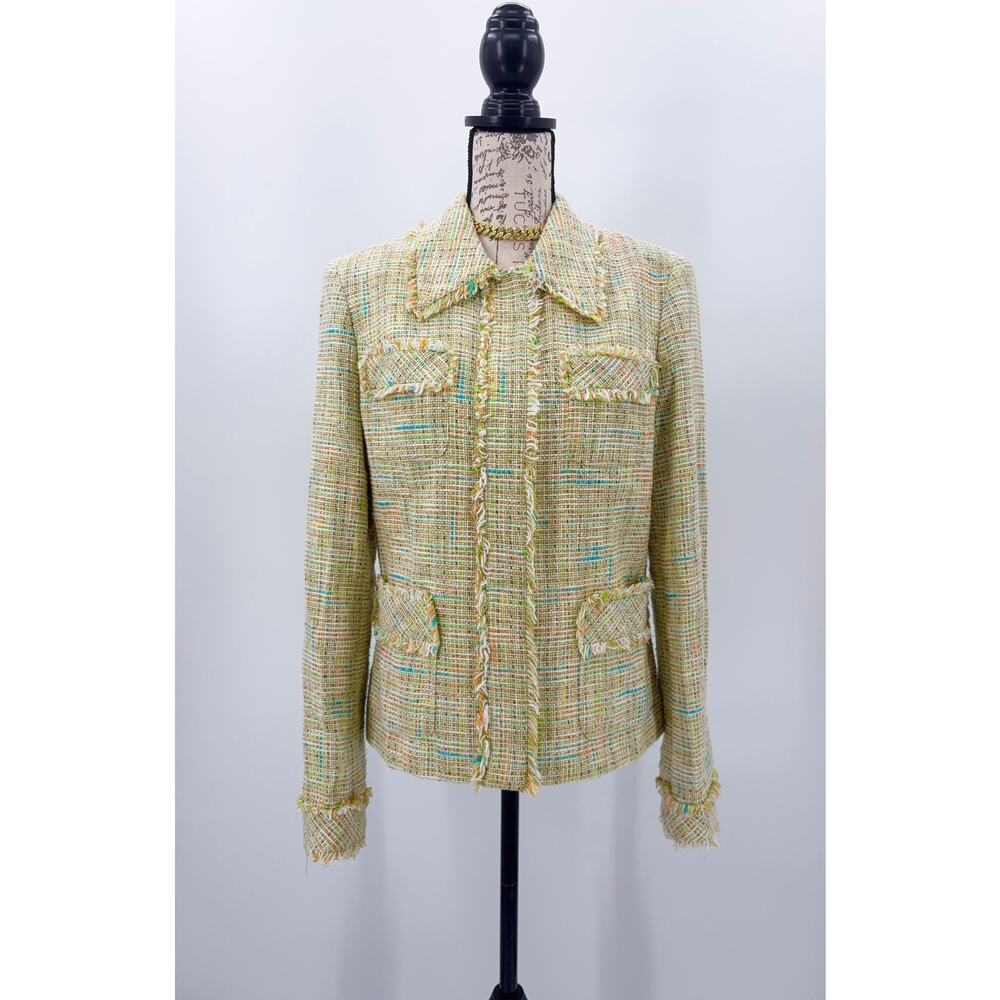 B1 Tweed‎ Fringe Blazer Womens 10 Classiques Entier Green Yellow Parisian Preppy